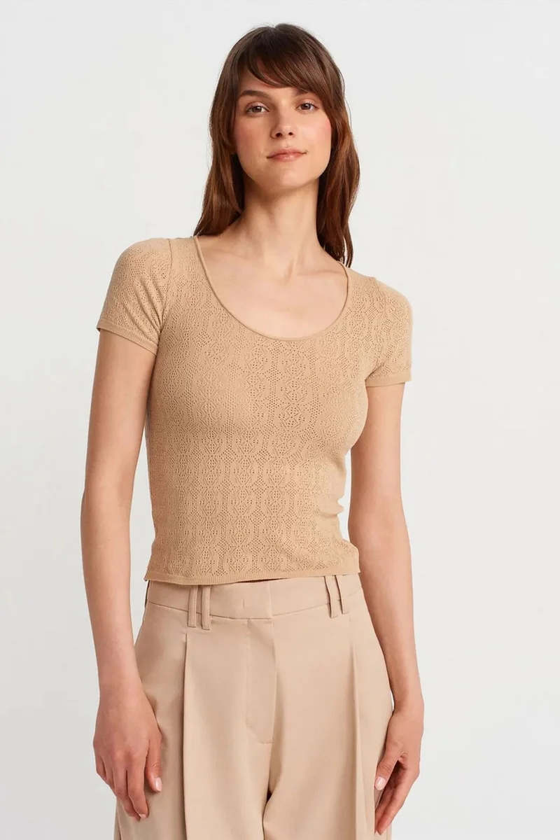 Dilvin Beige Natural DILVIN Slim Fit Ribbed Textured Blouse for Women | Best Price UAE