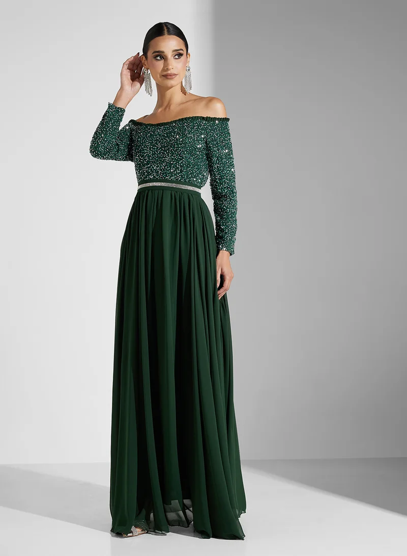 Golden Apple Sequin Off-Shoulder Dress