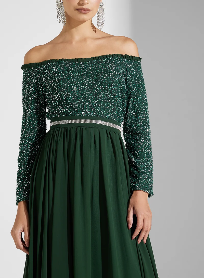 Golden Apple Sequin Off-Shoulder Dress