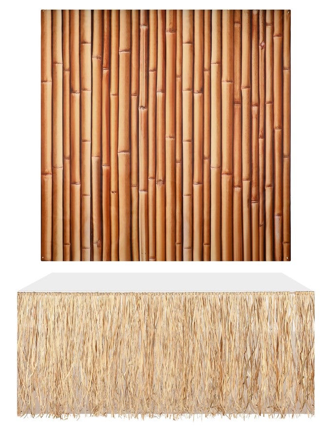 Hanaive 2 Pcs Luau Grass Table Skirt and Bamboo Backdrop, Hawaiian Raffia Fringe Banner Grass Skirt Table Fringe Party Background Tiki Party Decoration for Summer Beach Birthday - Image 1