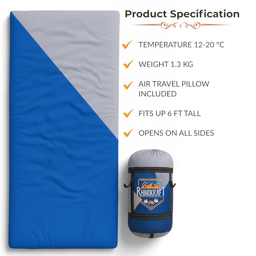 RhinoKraft Spartan Rectangular Sleeping Bag | Lightweight 1.3 kg | Comfort 12 °Celcius | Durable Nylon & Reliance Fibre | Packable for Camping, Biking & Trekking - Image 2