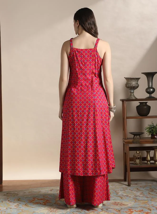 Globus  Women Pink Tie-Up Shoulder Straps Embroidered Kurta and Palazzos Set for Women | Best Price UAE