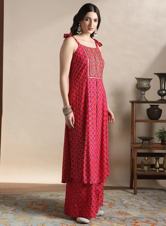 globus Women Pink Tie-Up Shoulder Straps Embroidered Kurta and Palazzos Set