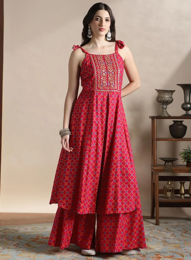 globus Women Pink Tie-Up Shoulder Straps Embroidered Kurta and Palazzos Set