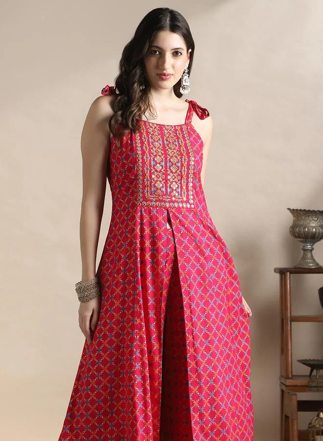 Globus  Women Pink Tie-Up Shoulder Straps Embroidered Kurta and Palazzos Set for Women | Best Price UAE