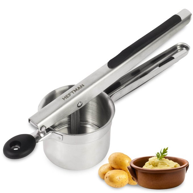 MASH POTATO RICER MASH POTATO MASHER STAINLESS STEEL WITH ERGONOMIC SILICONE HANDLES HEAVY DUTY FOOD PRESS MULTIFUNCTIONAL RICER FOR MASHED POTATOES PUREE FRUIT VEG DISHWASHER SAFE