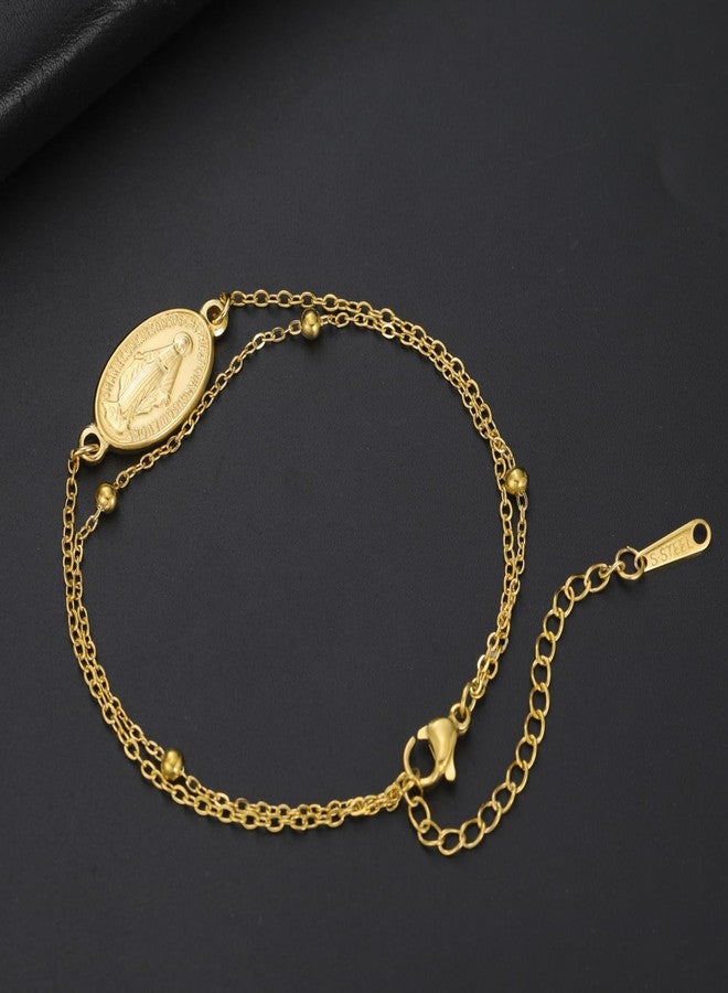 TEAMER Dainty Virgin Mary Rosary Bracelet Mother Mary Double Layer Beads Chain Bracelet Religious Faith Protection Jewelry For Women (Gold) - Image 3