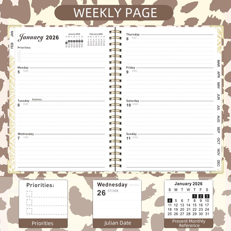 Knagsfa 2026 Planner, Jan.2026 - Dec.2026 Planner Weekly and Monthly 6.25"x8.5" with Page Tabs, Calendar Hardcover with Inner Pocket, Elastic Band, Twin-Wire Binding, Bookmark, Brown Leopard - Image 5