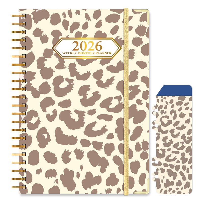 Knagsfa 2026 Planner, Jan.2026 - Dec.2026 Planner Weekly and Monthly 6.25"x8.5" with Page Tabs, Calendar Hardcover with Inner Pocket, Elastic Band, Twin-Wire Binding, Bookmark, Brown Leopard - Image 1