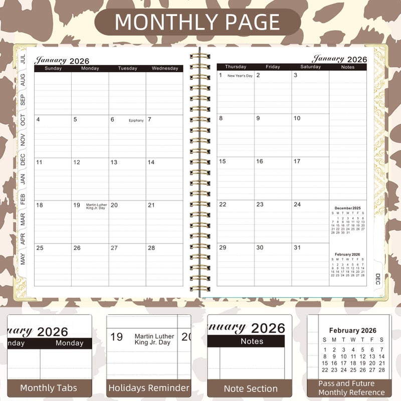 Knagsfa 2026 Planner, Jan.2026 - Dec.2026 Planner Weekly and Monthly 6.25"x8.5" with Page Tabs, Calendar Hardcover with Inner Pocket, Elastic Band, Twin-Wire Binding, Bookmark, Brown Leopard - Image 4