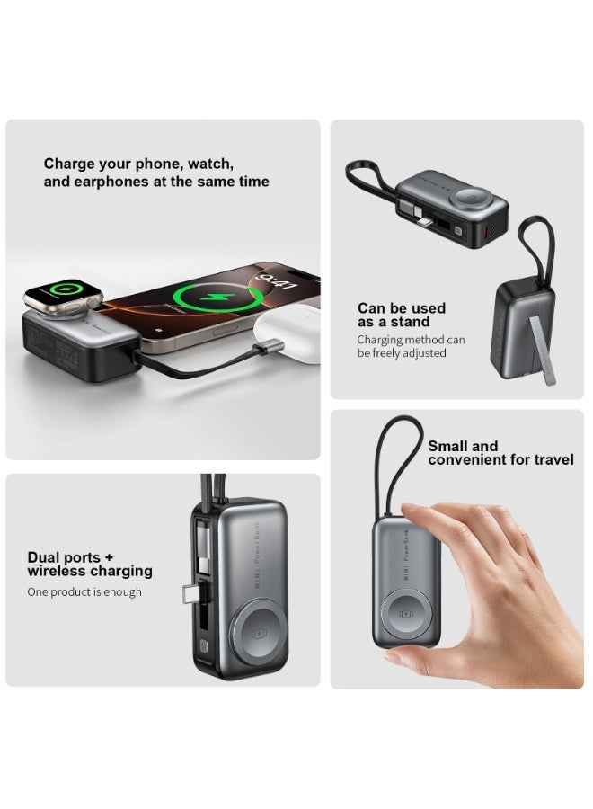 دومرز‌ شاحن محمول ثلاثي الوظائف من Domars لأجهزة iPhone، مع سلك USB-C مخفي ولوحة شحن للساعات الذكية، وبطارية محمولة للسفر بسعة 5000 مللي أمبير في الساعة وشحن سريع، ومؤشر للبطارية، باللون الأسود - Image 2