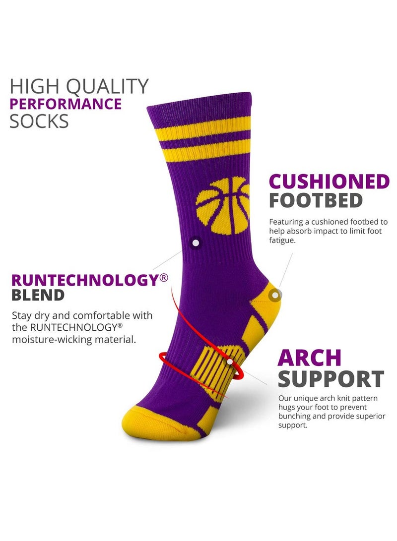 Athletic Basketball Mid,Calf Socks for Men and Women, Cushioned Compression Crew Socks in Purple and Gold, Perfect for Sports - Image 3