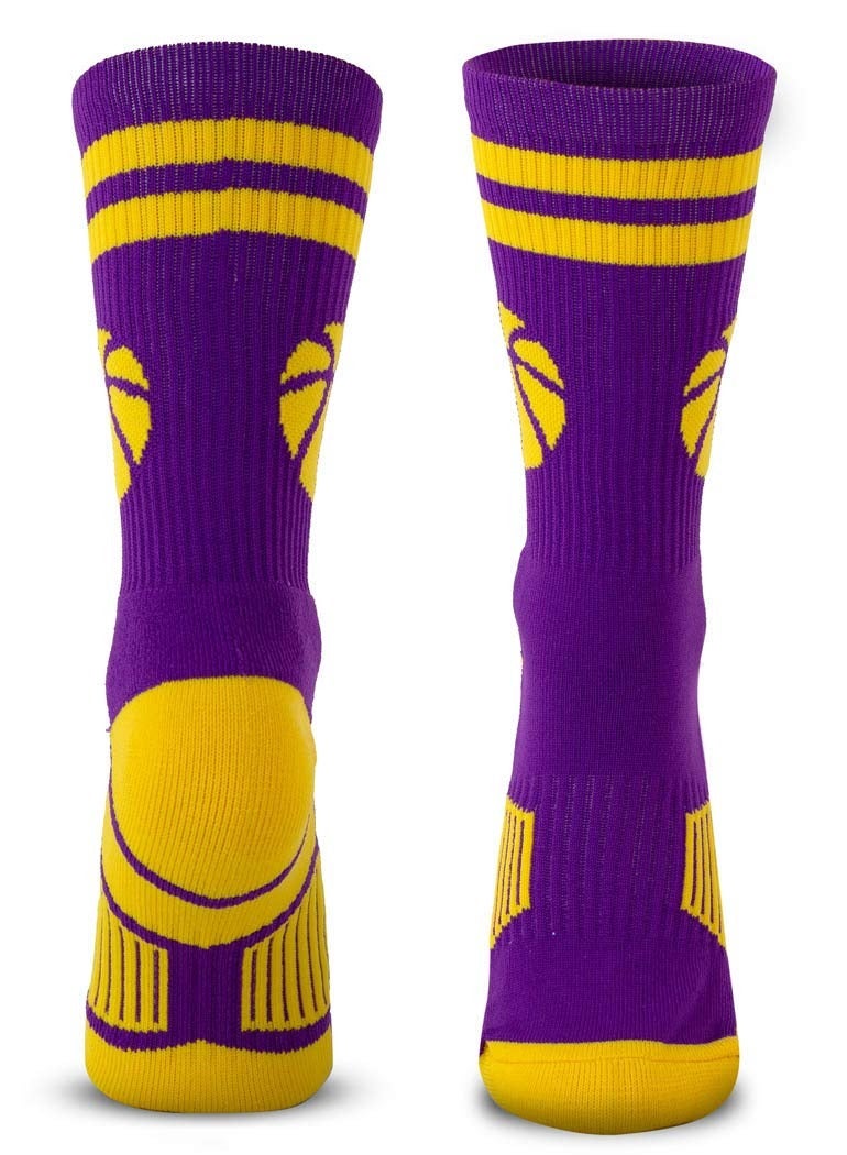Athletic Basketball Mid,Calf Socks for Men and Women, Cushioned Compression Crew Socks in Purple and Gold, Perfect for Sports - Image 2