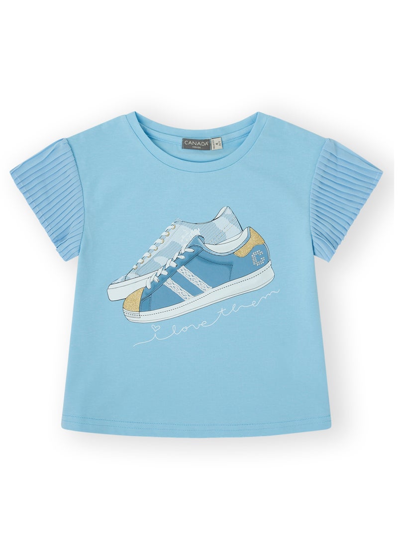 CANADA HOUSE Soft and Comfortable Sky Blue Cotton T-shirt with Ruffle Sleeves for Girls  - Image 1