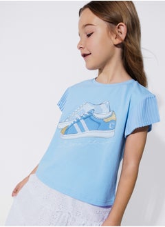 CANADA HOUSE Soft and Comfortable Sky Blue Cotton T-shirt with Ruffle Sleeves for Girls  - Image 3