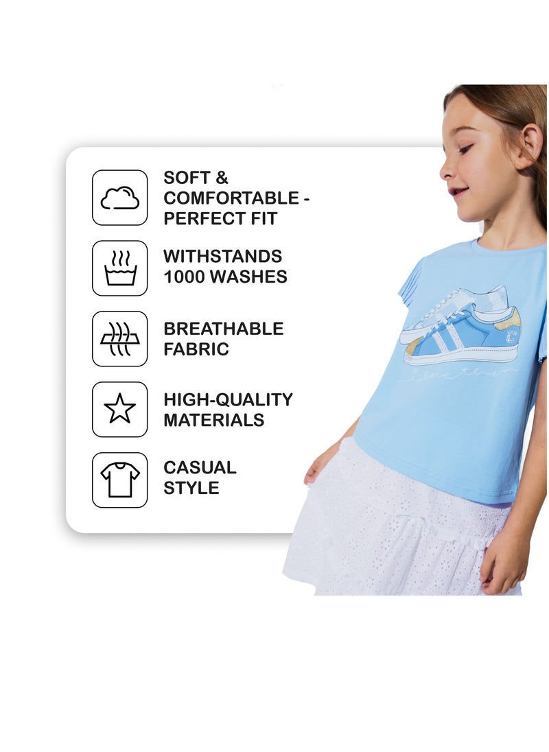CANADA HOUSE Soft and Comfortable Sky Blue Cotton T-shirt with Ruffle Sleeves for Girls  - Image 4