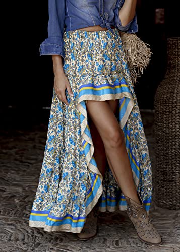 BTFBM Women 2025 Summer Spring Boho Long Skirts Dress Floral Print Elastic Waist Split Ruffle High Low Beach Maxi Skirt(X-Blue, Medium) - Image 2