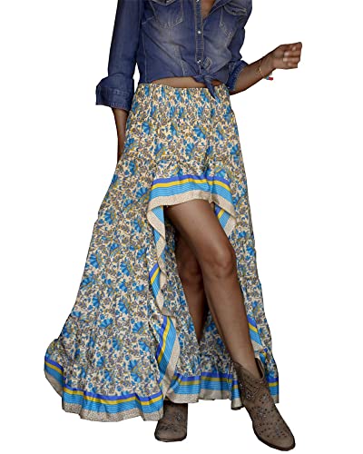 BTFBM Women 2025 Summer Spring Boho Long Skirts Dress Floral Print Elastic Waist Split Ruffle High Low Beach Maxi Skirt(X-Blue, Medium) - Image 1