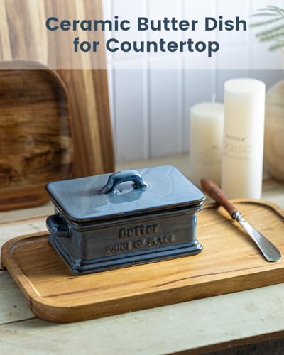 Zoeeker Butter Dish with Lid, Porcelain Butter Dish for Countertop Large Butter Keeper Butter Holder Container for East West Coast Butter, Farmhouse Decor for Father's Day, Blue - Image 5