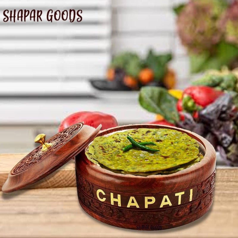 SHAPAR GOODS صندوق شباتي مصنوع يدويًا من خشب الشيشام مع مقبضين: 1 نحاسي ذهبي و 1 خشبي بني | كسرولة خشبية | (كبير) حجم 23x 23 X 13 سم - Image 2