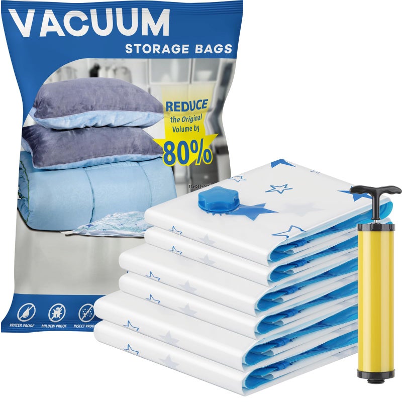 UOUNE Vacuum Storage Bags 6Pack 2 Jumbo 2 Large 2 Medium Reusable Space Saver Bags Vacuum Compression Zipper Storage Bags with Airtight Valve and Hand PumpWork with Vacuum Cleaner
