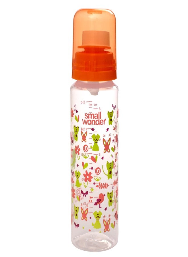 SMALL WONDER زجاجة رضاعة سمول وندر للأطفال، ذات عنق رفيع، سعة 250 مل، عبوة من قطعة واحدة، بنقشة حيوانية، مزودة بحلمة مضادة للمغص، مناسبة للأطفال حديثي الولادة والرضع والأطفال الصغار حتى عمر 3 سنوات، خالية من مادة BPA، لون برتقالي - Image 1