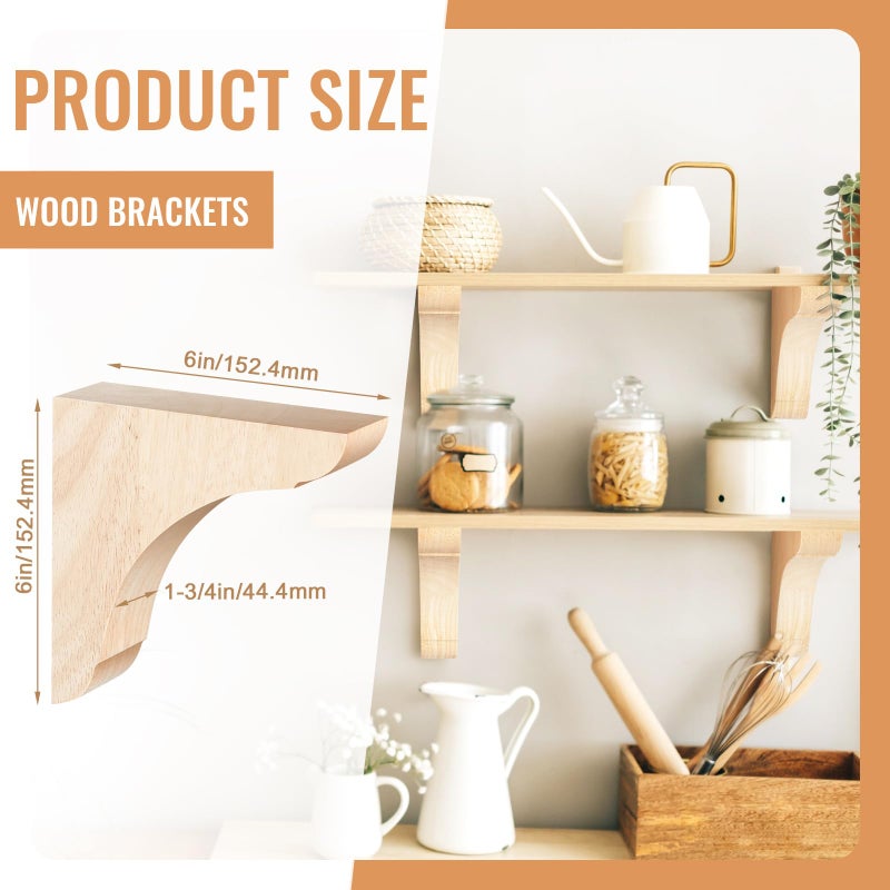 Vercraft 4 Pcs Wood Corbel Wooden Shelf Brackets, Unfinished Paintable Bracket with Hanging Hook for Doorway Countertop Kitchen Cabinet Book Shelves, Rubber Wood (6 x 6 x 1.75 Inches) - Image 2