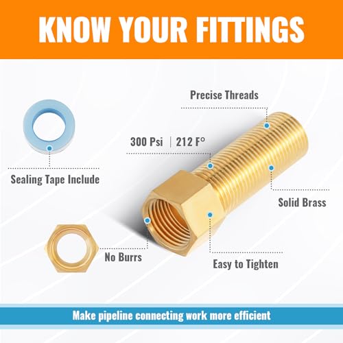 SUNGATOR 1/2" Male × 1/2'' Female Brass Pipe Extension Adapter, 1/2 Inch Brass Nipple Pipe Extension Fittings for Tub Spout/Shower, 30MM/40MM/50MM Extension 1/2'' Pipe Fittings (3 Pack) - Image 4