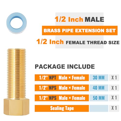 SUNGATOR 1/2" Male × 1/2'' Female Brass Pipe Extension Adapter, 1/2 Inch Brass Nipple Pipe Extension Fittings for Tub Spout/Shower, 30MM/40MM/50MM Extension 1/2'' Pipe Fittings (3 Pack) - Image 2