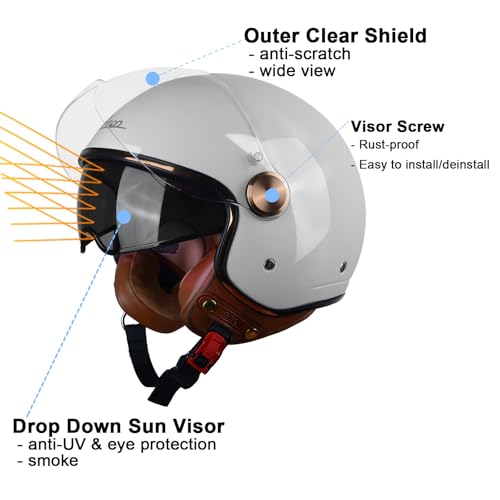 BEON Open Face Motorcycle Helmet for Adults DOT Approved34 Retro Vespa Helmet Dual Visors Mens and Womens Motorbike Casco for Moped Cruiser Bobber and ChopperSGlossy Greyish White - Image 3