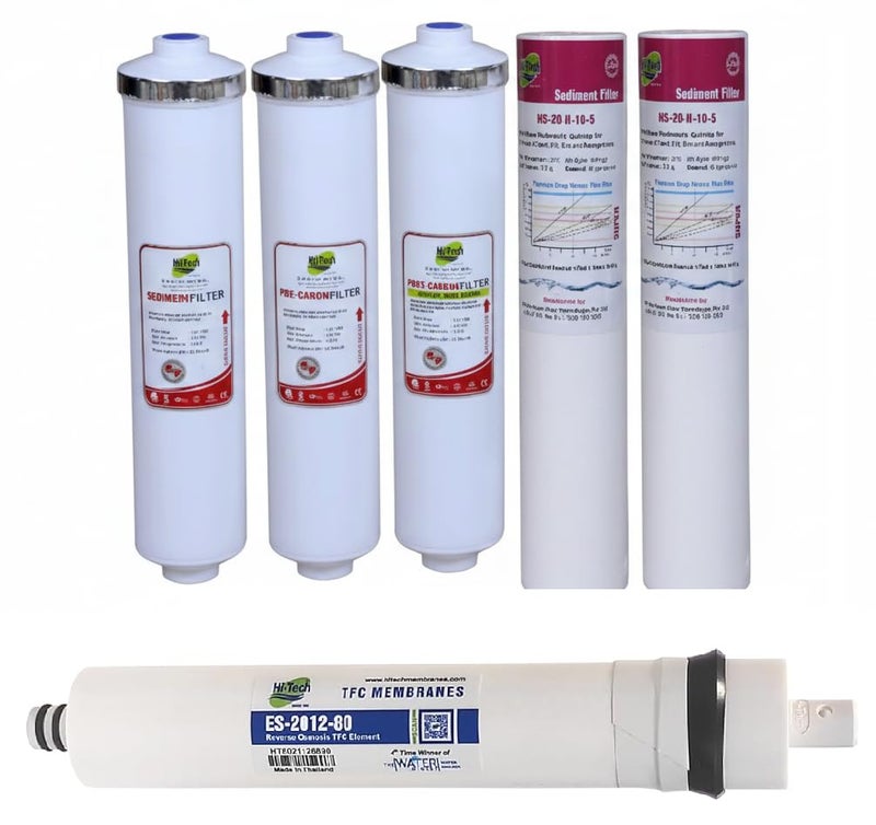 Hi-Tech Ro Replaceable Water Filter Kit With Membrane Domestic Ro Water Purifier Maintenance Service (Includes 80Gpd Membrane, Pre Post Carbon Sediment, pre filter), White - Image 1