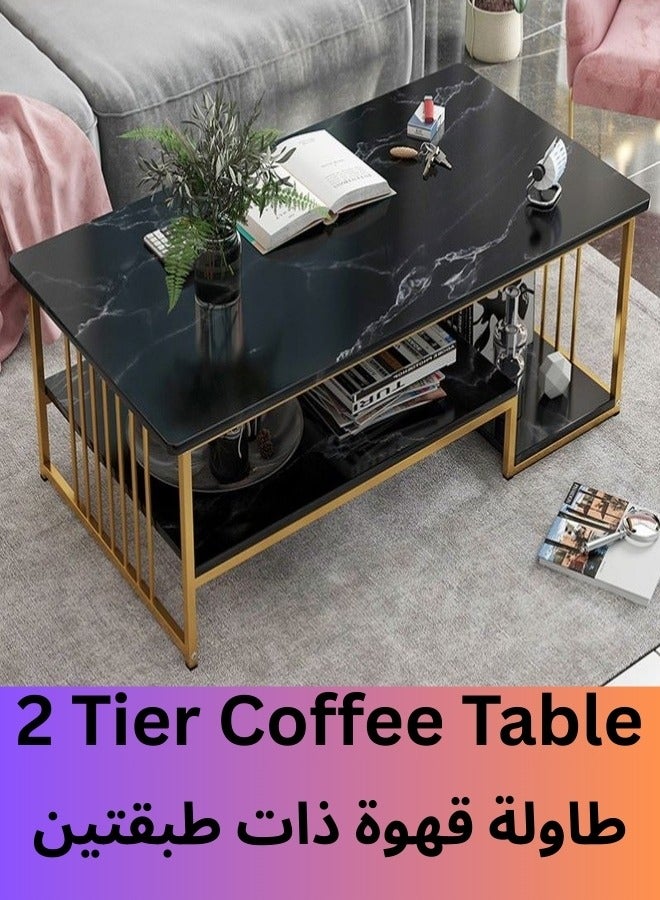 Modern 2-Tier Center Table – Elegant Coffee Table with Open Shelving for Storage & Display, Luxury Black Sofa Table for Living Room & Office 120*60*42 cm (120CM, Black)