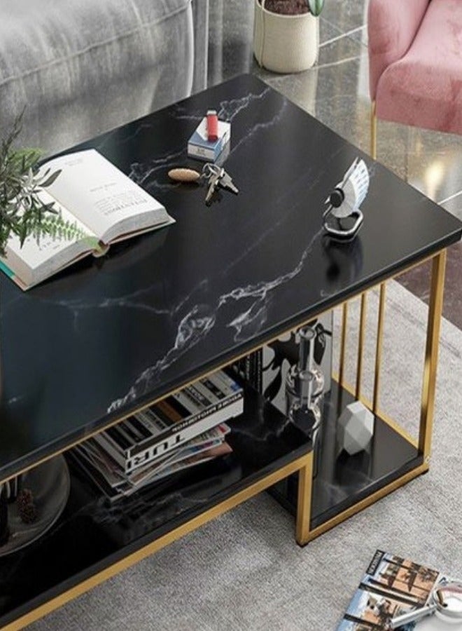 Modern 2-Tier Center Table – Elegant Coffee Table with Open Shelving for Storage & Display, Luxury Black Sofa Table for Living Room & Office 120*60*42 cm (120CM, Black)