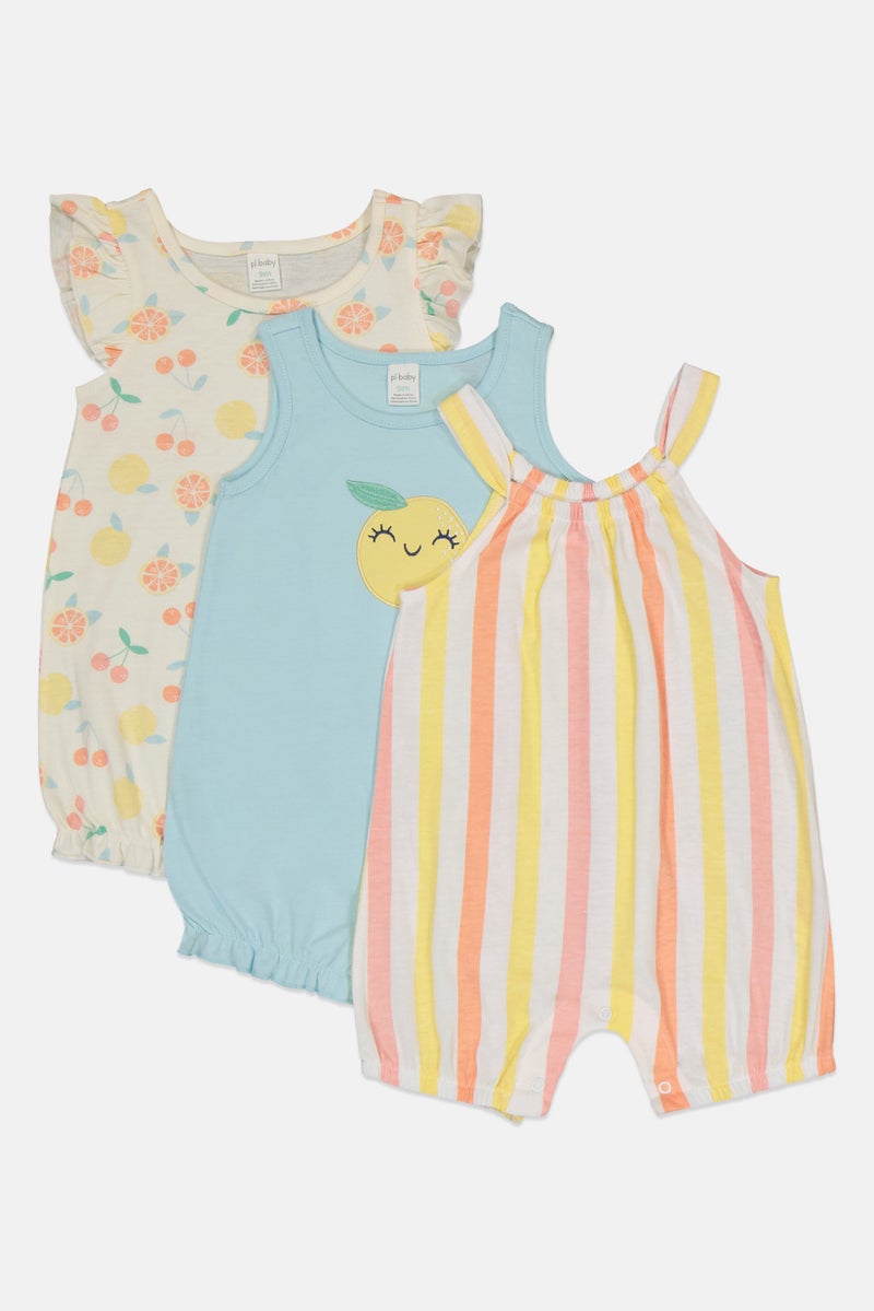Petit Lem Toddlers Girl 3 Pcs Allover Print Rompers, Multicolor - Image 4
