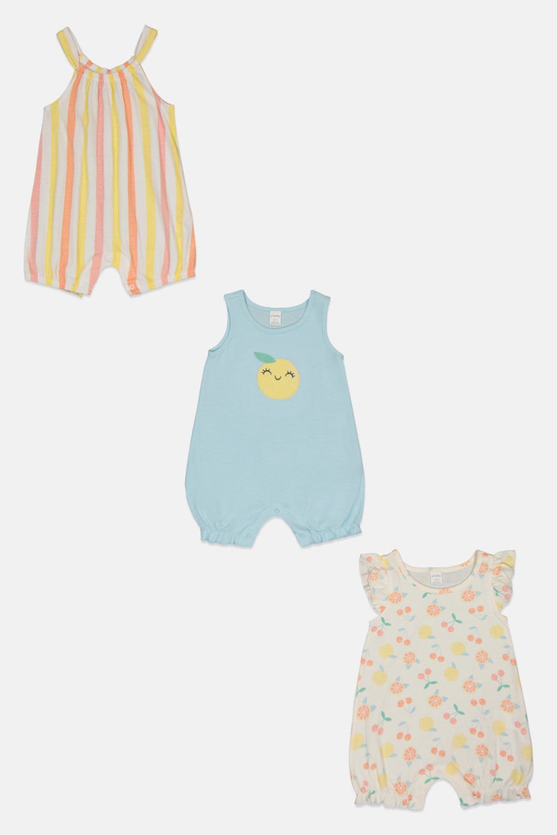 Petit Lem Toddlers Girl 3 Pcs Allover Print Rompers, Multicolor - Image 2