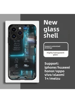Circuit Board Phone Case For 13 14promax Creative 12 Cool 15 Model Glass Case Funny Digital Computer IPhone Protective Cover-Color:High Permeability Glass Shell-graphite Black -998-Applicable Model: