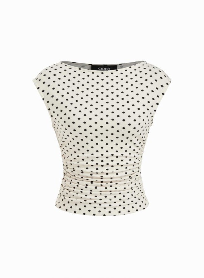 CIDER Women's Crop Tank Tops Boat Neck Sleeveless Ruched Slim Fit Summer Tops Trendy, White Polka Dots, XL - Image 1