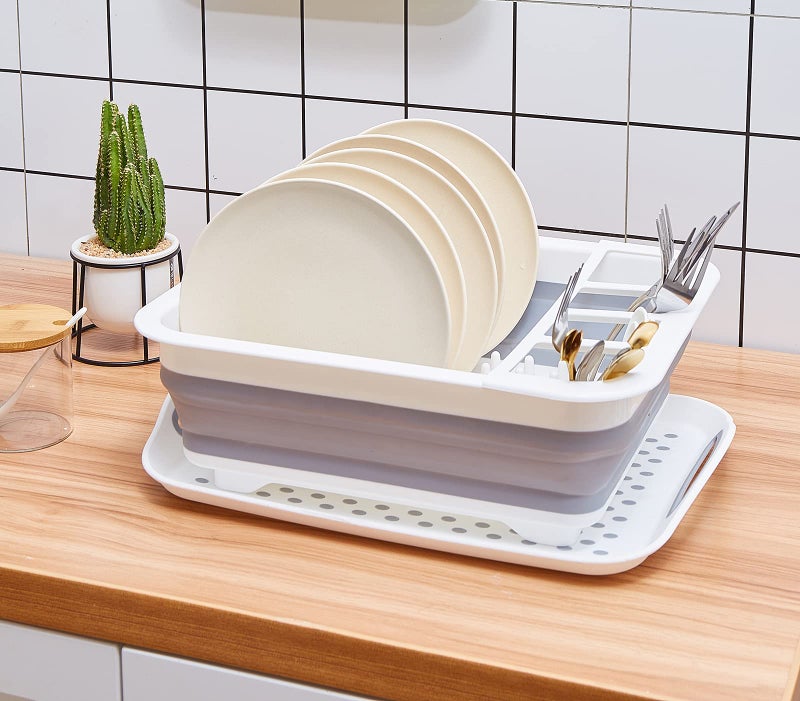 ZhildChen camper must haves dish drying rack Collapsible Dish Drying Rack Portable Dinnerware Drainer Organizer for Kitchen RV Campers Travel Trailers Space Saving Kitchen Storage Rack Tray (with Drainboard) - Image 5