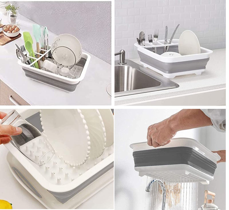 ZhildChen camper must haves dish drying rack Collapsible Dish Drying Rack Portable Dinnerware Drainer Organizer for Kitchen RV Campers Travel Trailers Space Saving Kitchen Storage Rack Tray (with Drainboard) - Image 2