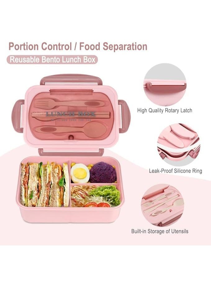 م اكس م صندوق غداء مدرسي وكليتي للبنات، 1400 مل، بينتو مقاوم للتسرب مكون من 3 حجرات مع ملعقة وشوكة قابلة لإعادة الاستخدام، مثالي للأطفال والكبار والسفر والمنزل (وردي) - Image 3