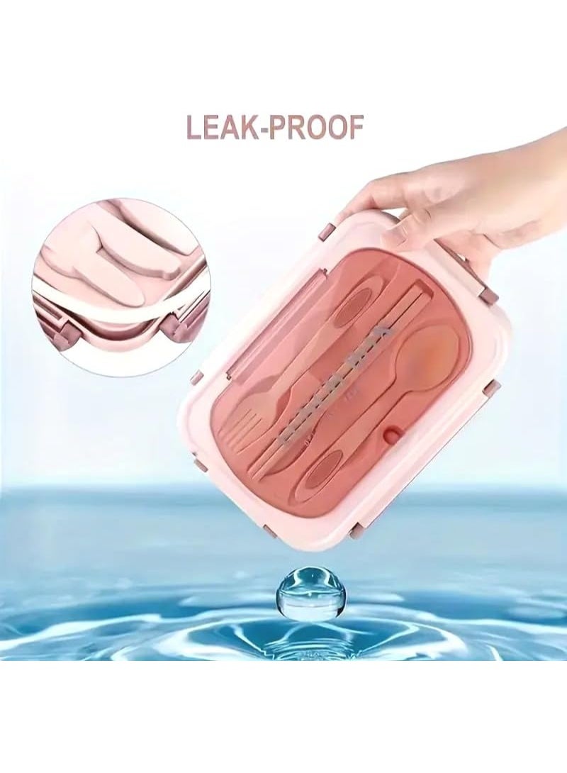 م اكس م صندوق غداء مدرسي وكليتي للبنات، 1400 مل، بينتو مقاوم للتسرب مكون من 3 حجرات مع ملعقة وشوكة قابلة لإعادة الاستخدام، مثالي للأطفال والكبار والسفر والمنزل (وردي) - Image 5