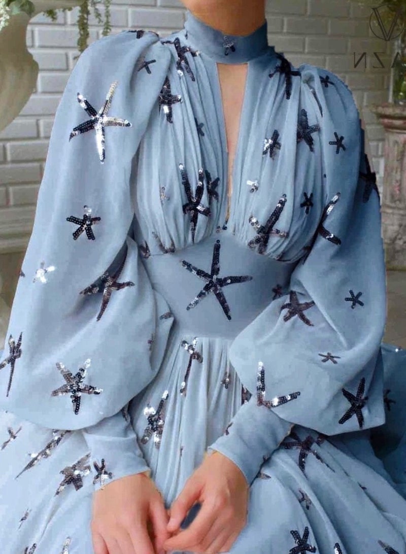 NIBEMINENT Women Autumn Winter Star Print Chiffon Evening Dress Long Lantern Sleeve Stand Collar High Waist Corset Slit Dress - Image 1