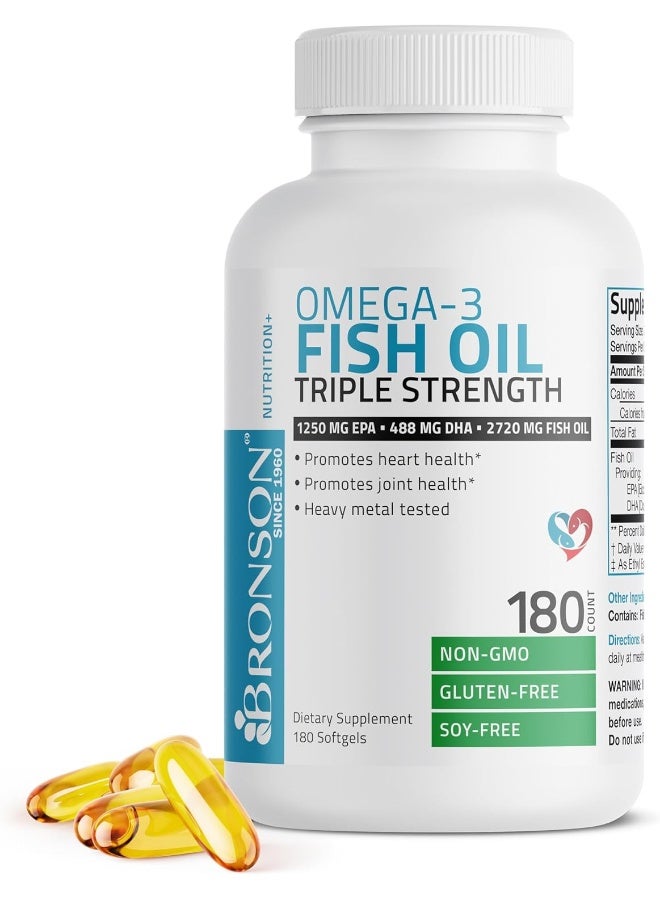 Bronson زيت السمك أوميغا 3 من برونسون، قوة ثلاثية 2720 ملغ، غير معدّل وراثيًا، مختبر للمعادن الثقيلة، 1250 EPA 488 DHA، 180 كبسولة لينة - Image 3