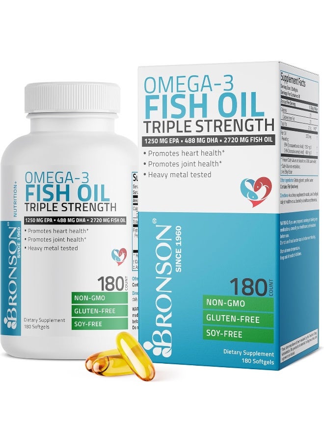 Bronson زيت السمك أوميغا 3 من برونسون، قوة ثلاثية 2720 ملغ، غير معدّل وراثيًا، مختبر للمعادن الثقيلة، 1250 EPA 488 DHA، 180 كبسولة لينة - Image 1