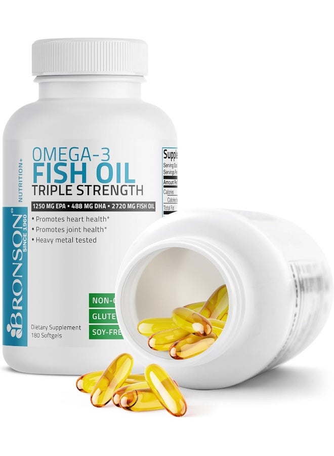 Bronson زيت السمك أوميغا 3 من برونسون، قوة ثلاثية 2720 ملغ، غير معدّل وراثيًا، مختبر للمعادن الثقيلة، 1250 EPA 488 DHA، 180 كبسولة لينة - Image 5