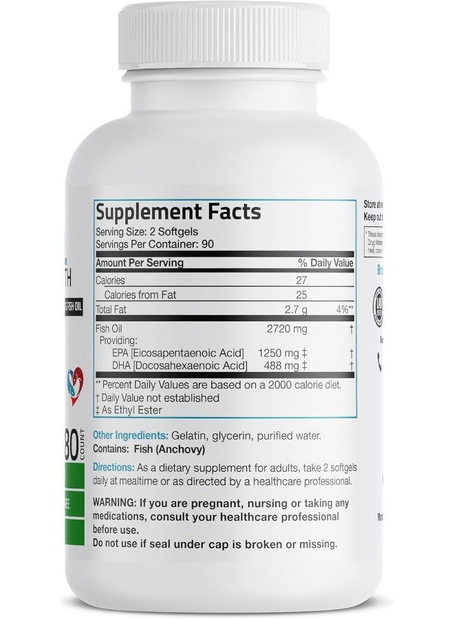 Bronson زيت السمك أوميغا 3 من برونسون، قوة ثلاثية 2720 ملغ، غير معدّل وراثيًا، مختبر للمعادن الثقيلة، 1250 EPA 488 DHA، 180 كبسولة لينة - Image 2