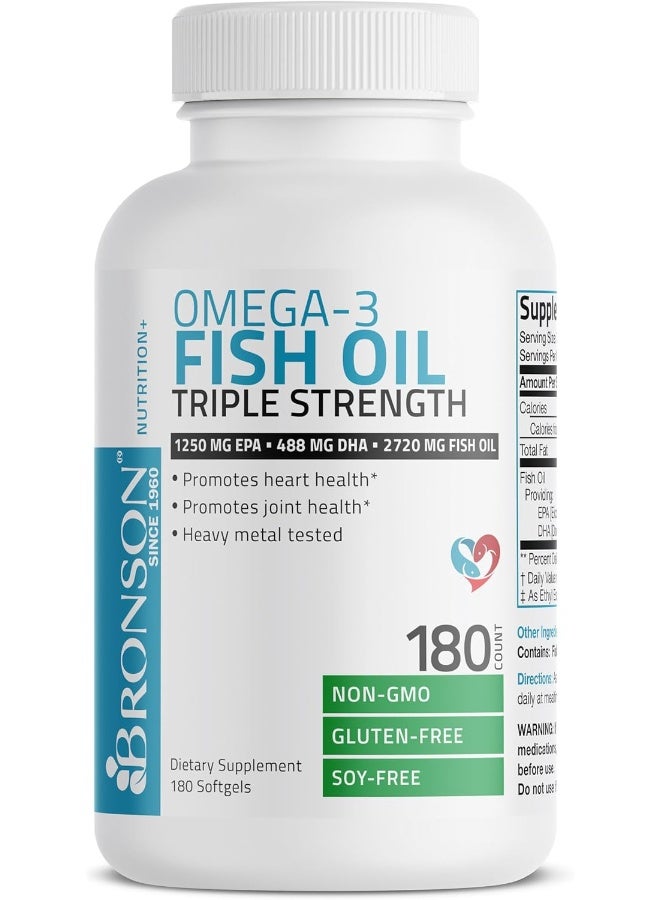 Bronson زيت السمك أوميغا 3 من برونسون، قوة ثلاثية 2720 ملغ، غير معدّل وراثيًا، مختبر للمعادن الثقيلة، 1250 EPA 488 DHA، 180 كبسولة لينة - Image 4