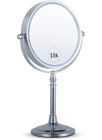 MIRRORVANA 15X Magnifying Makeup Mirror with Stand - Double-Sided 15X/1X Design - Suitable for Vanity Desk, Dressing Table, or Bathroom Countertop for Precise Make Up - 12" High x 6" Wide (Chrome)