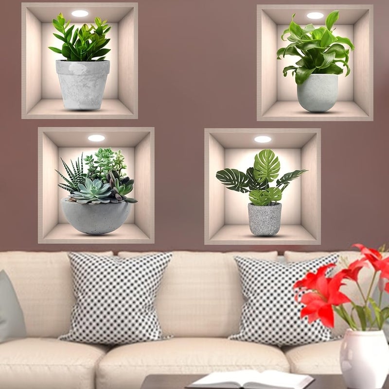 KeLay Fs 3D Green Plants Wall Sticker 4pcs 3D Vases Flower Wall Stickers Decals for Living Room Bedroom Kitchen Decor 3D Green Pot Plant Succulent Stickers(3D Plants) - Image 1