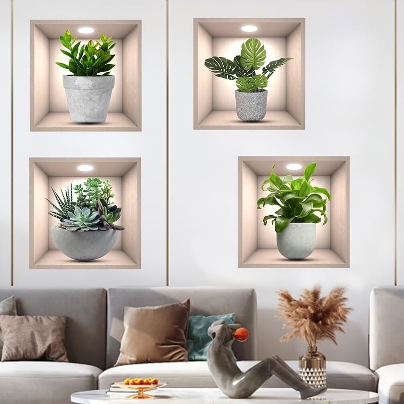 KeLay Fs 3D Green Plants Wall Sticker 4pcs 3D Vases Flower Wall Stickers Decals for Living Room Bedroom Kitchen Decor 3D Green Pot Plant Succulent Stickers(3D Plants) - Image 3